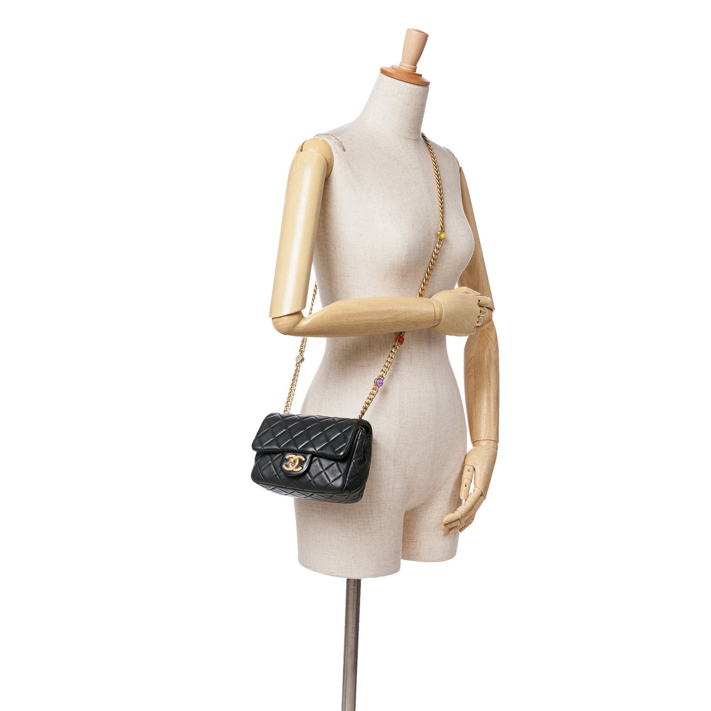 Black Chanel Mini Square Lambskin Pearl Samba Flap Crossbody Bag