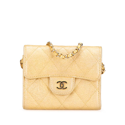 Gold Chanel CC Quilted Iridescent Caviar Flap Card Holder on Chain Crossbody Bag