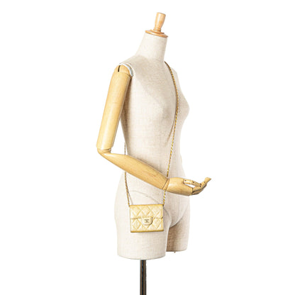 Gold Chanel CC Quilted Iridescent Caviar Flap Card Holder on Chain Crossbody Bag