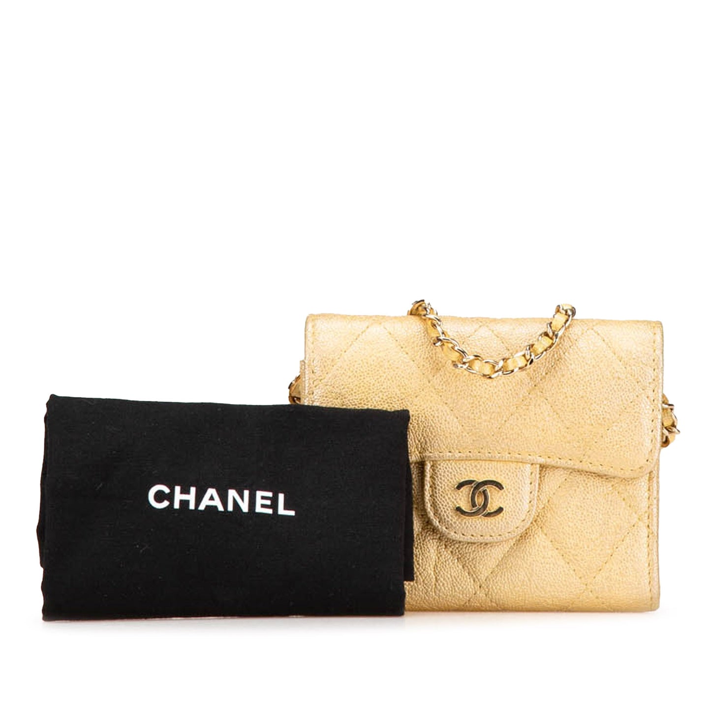 Gold Chanel CC Quilted Iridescent Caviar Flap Card Holder on Chain Crossbody Bag
