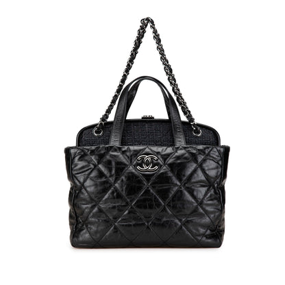 Black Chanel Quilted Glazed Calfskin and Tweed Portobello Frame Satchel
