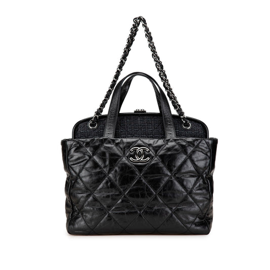 Black Chanel Quilted Glazed Calfskin and Tweed Portobello Frame Satchel