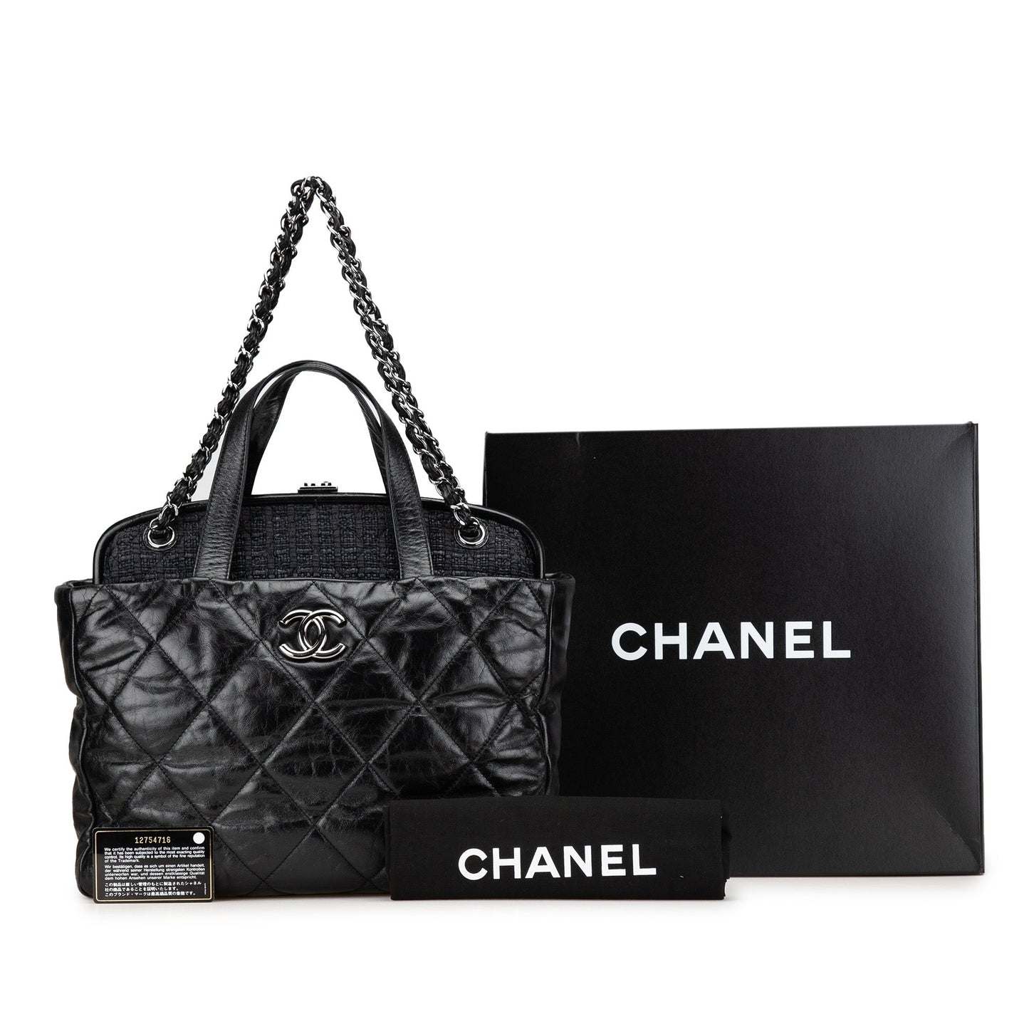 Black Chanel Quilted Glazed Calfskin and Tweed Portobello Frame Satchel