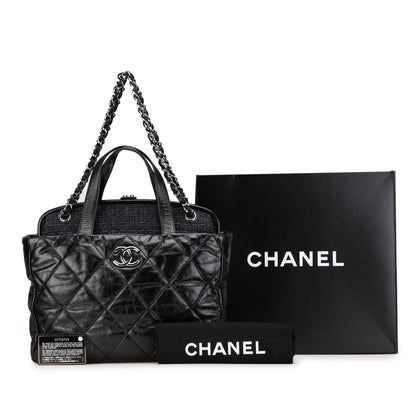 Black Chanel Quilted Glazed Calfskin and Tweed Portobello Frame Satchel