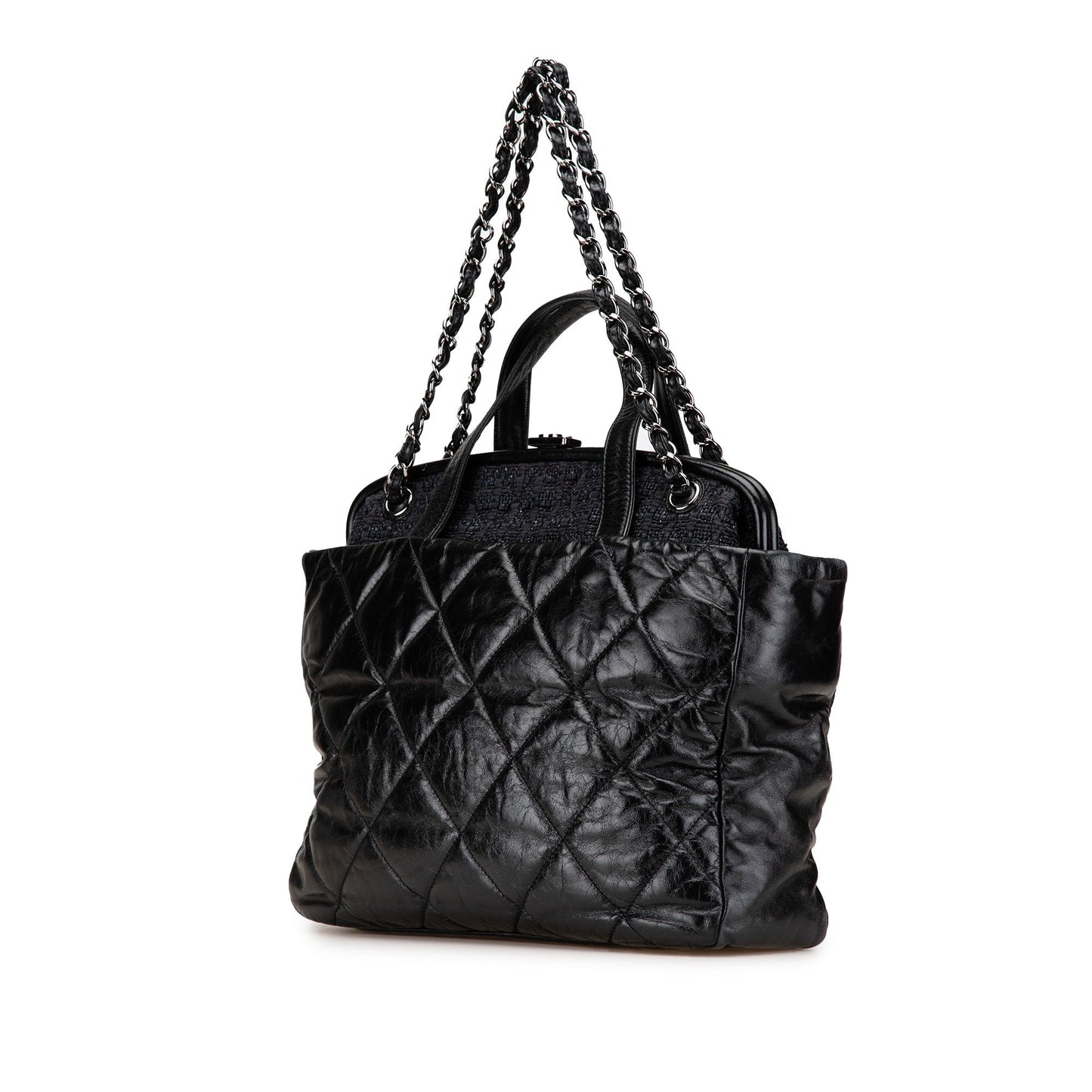 Black Chanel Quilted Glazed Calfskin and Tweed Portobello Frame Satchel
