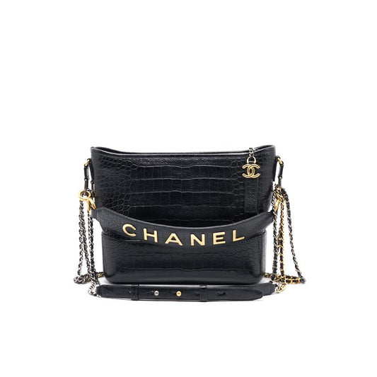 Chanels Medium Gabrielle Hobo Bag Crocodile Embossed Calfskin Black