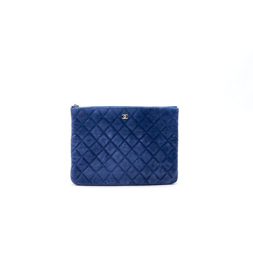 Chanel Navy Velvet Classic Quilted Medium O Case Clutch Purse Bag