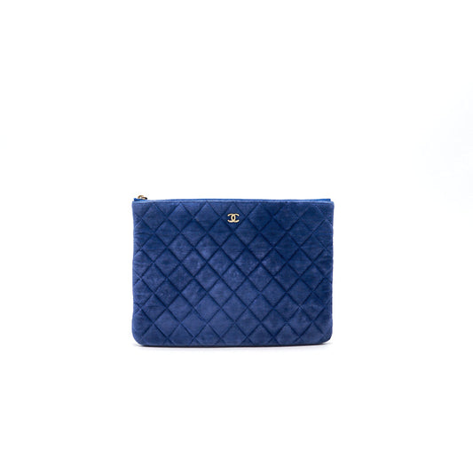 Chanel Navy Velvet Classic Quilted Medium O Case Clutch Purse Bag