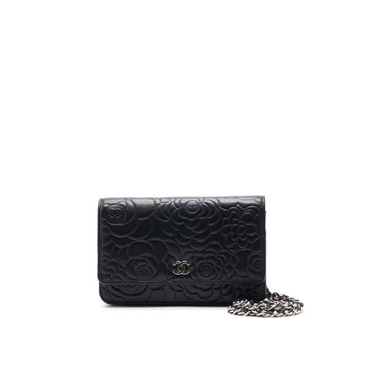 Chanel Black Embossed Camellia  Lambskin Leather Small Shoulder Bag