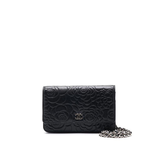 Chanel Black Embossed Camellia  Lambskin Leather Small Shoulder Bag