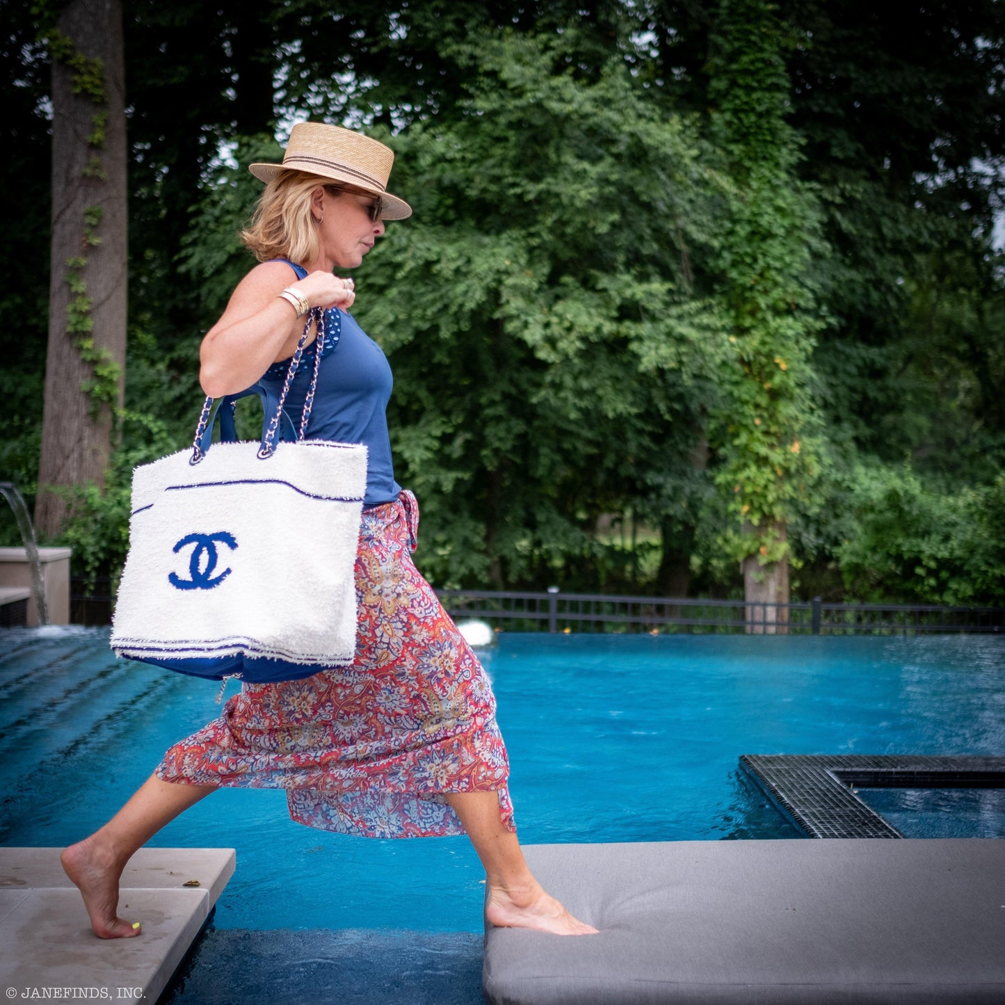 CHANEL Venise Biarritz Shopping Tote Terry Cloth Blue & White Large