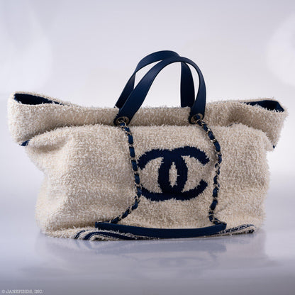 CHANEL Venise Biarritz Shopping Tote Terry Cloth Blue & White Large