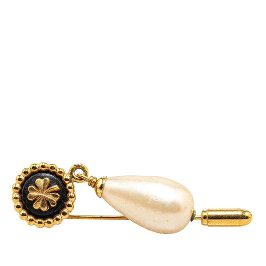 Gold Chanel Gold Plated Clover Faux Pearl Swing Brooch Pin