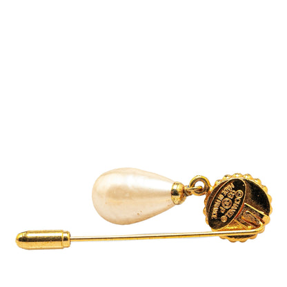Gold Chanel Gold Plated Clover Faux Pearl Swing Brooch Pin