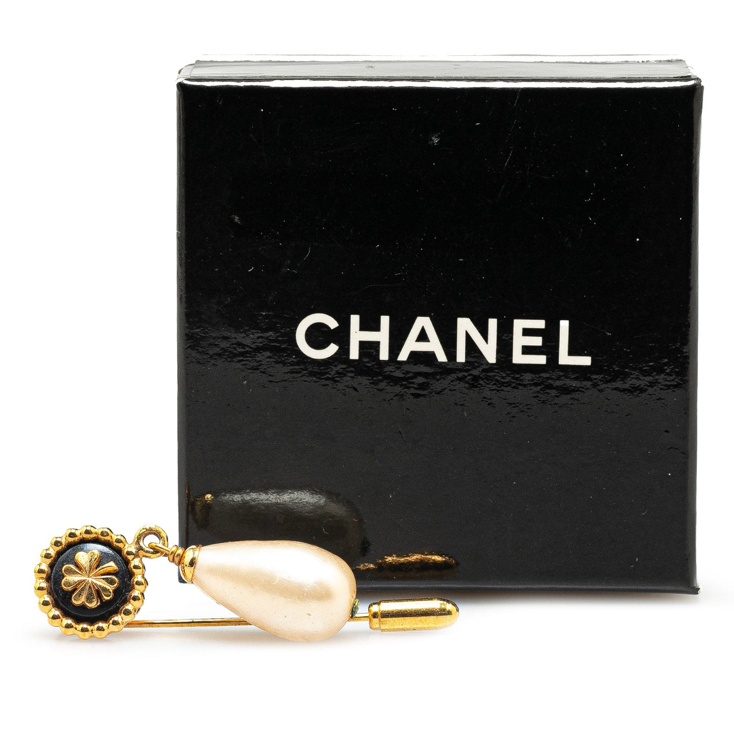 Gold Chanel Gold Plated Clover Faux Pearl Swing Brooch Pin