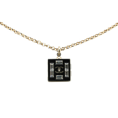 Black Chanel Resin Square CC Rhinestone Pendant Necklace