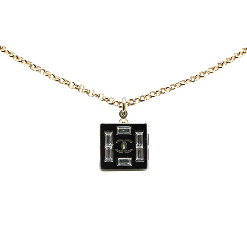 Black Chanel Resin Square CC Rhinestone Pendant Necklace