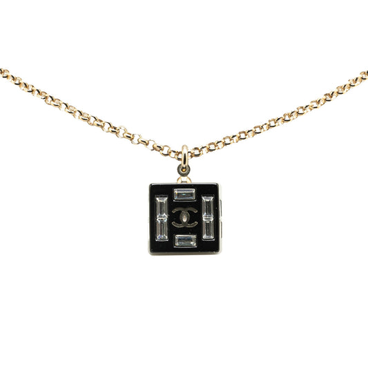 Black Chanel Resin Square CC Rhinestone Pendant Necklace