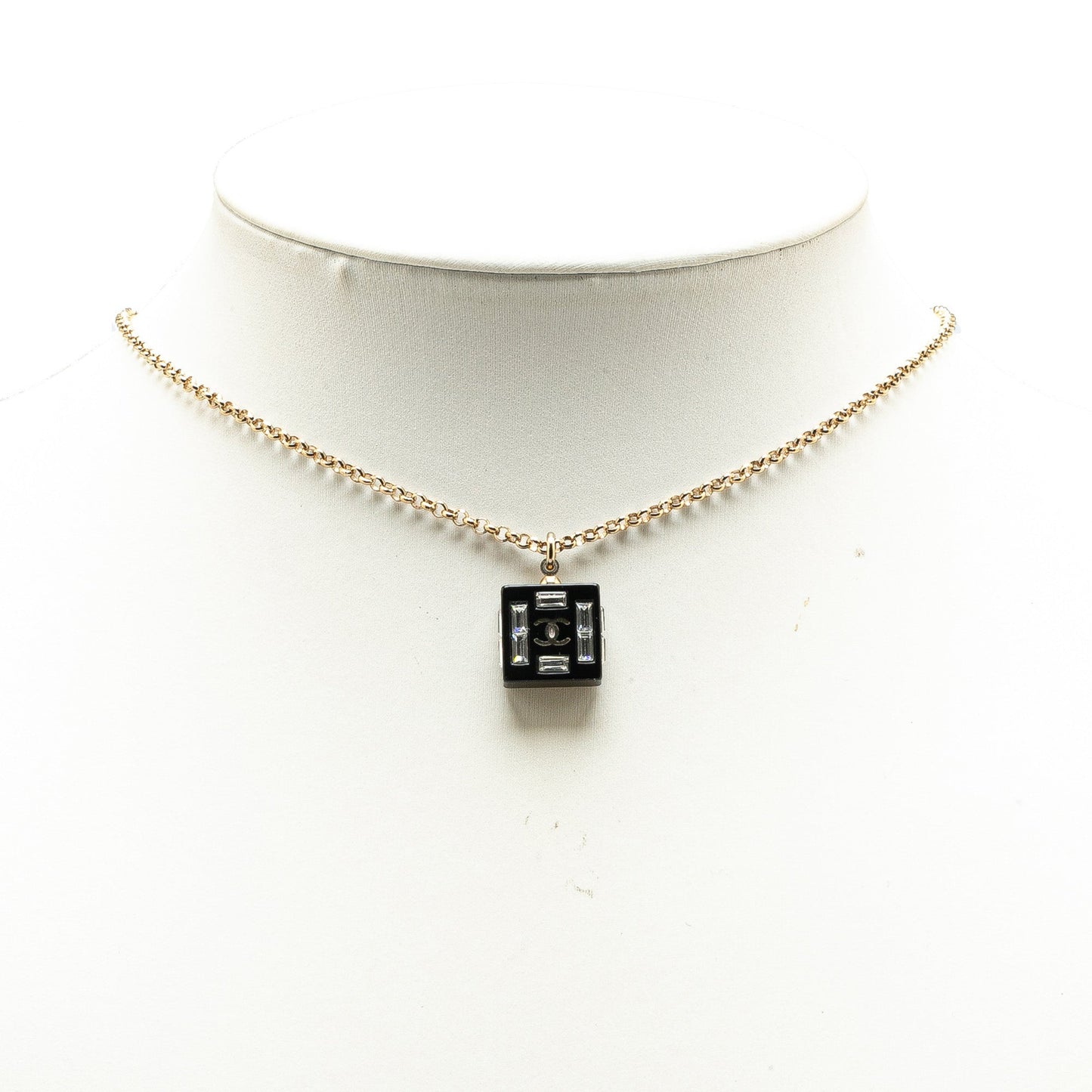 Black Chanel Resin Square CC Rhinestone Pendant Necklace