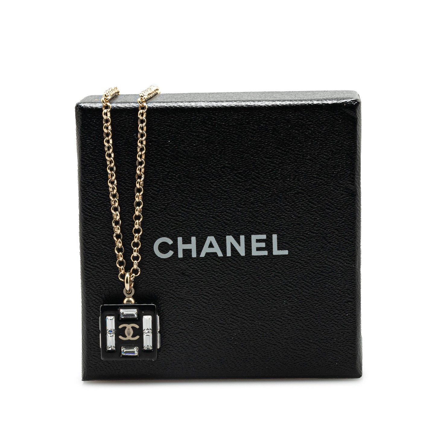 Black Chanel Resin Square CC Rhinestone Pendant Necklace