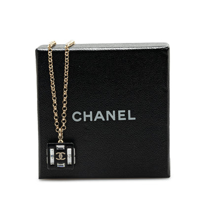 Black Chanel Resin Square CC Rhinestone Pendant Necklace