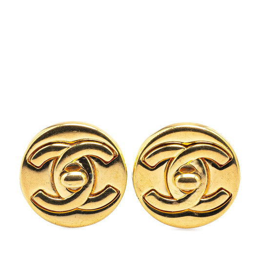 Gold Chanel Gold Plated CC Turnlock Round Clip on Earrings