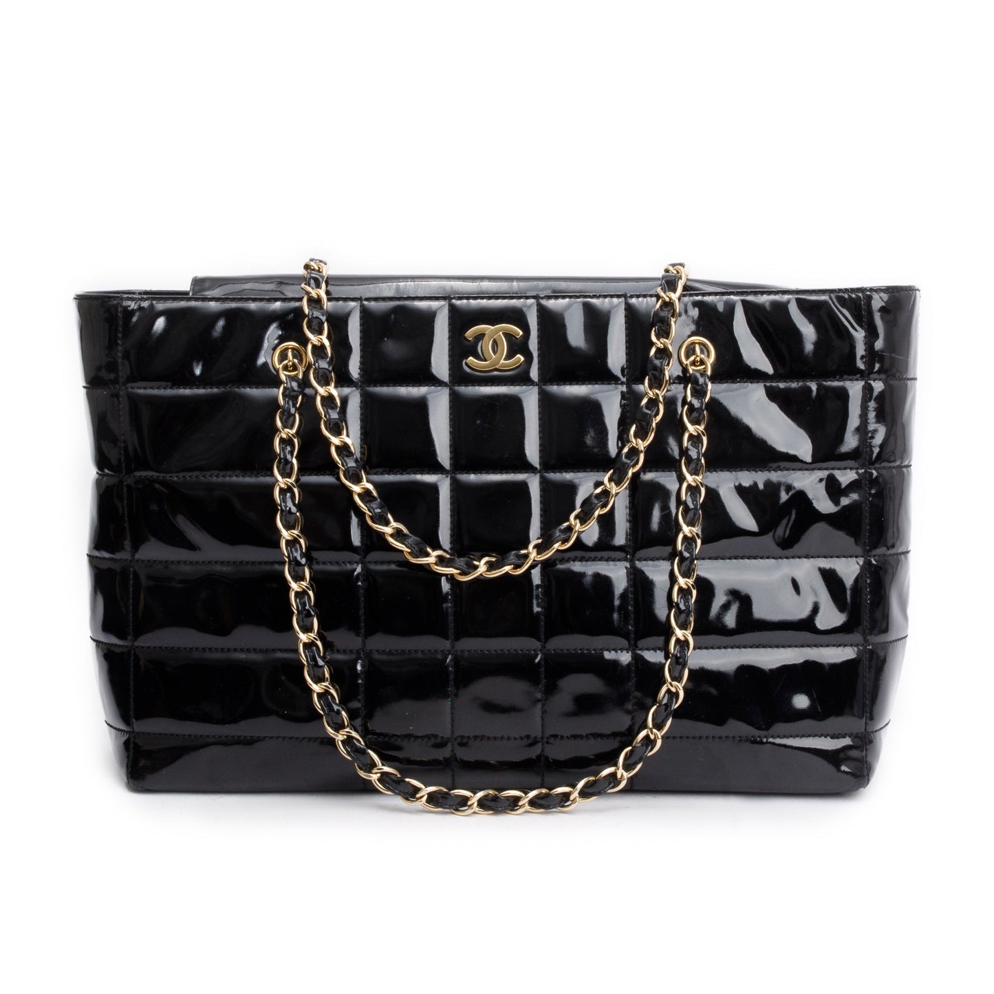 Chanel Vintage Black Chocolate Bar Quilted Patent Leather Tote