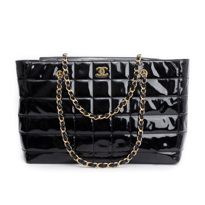 Chanel Vintage Black Chocolate Bar Quilted Patent Leather Tote