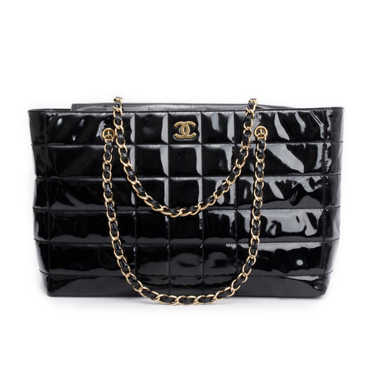 Chanel Vintage Black Chocolate Bar Quilted Patent Leather Tote