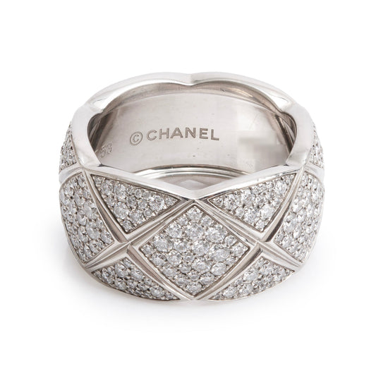 Chanel 18k White Gold Pave Diamond Quilted Coco Crush Band Ring, Size 53 6.5, Large Version