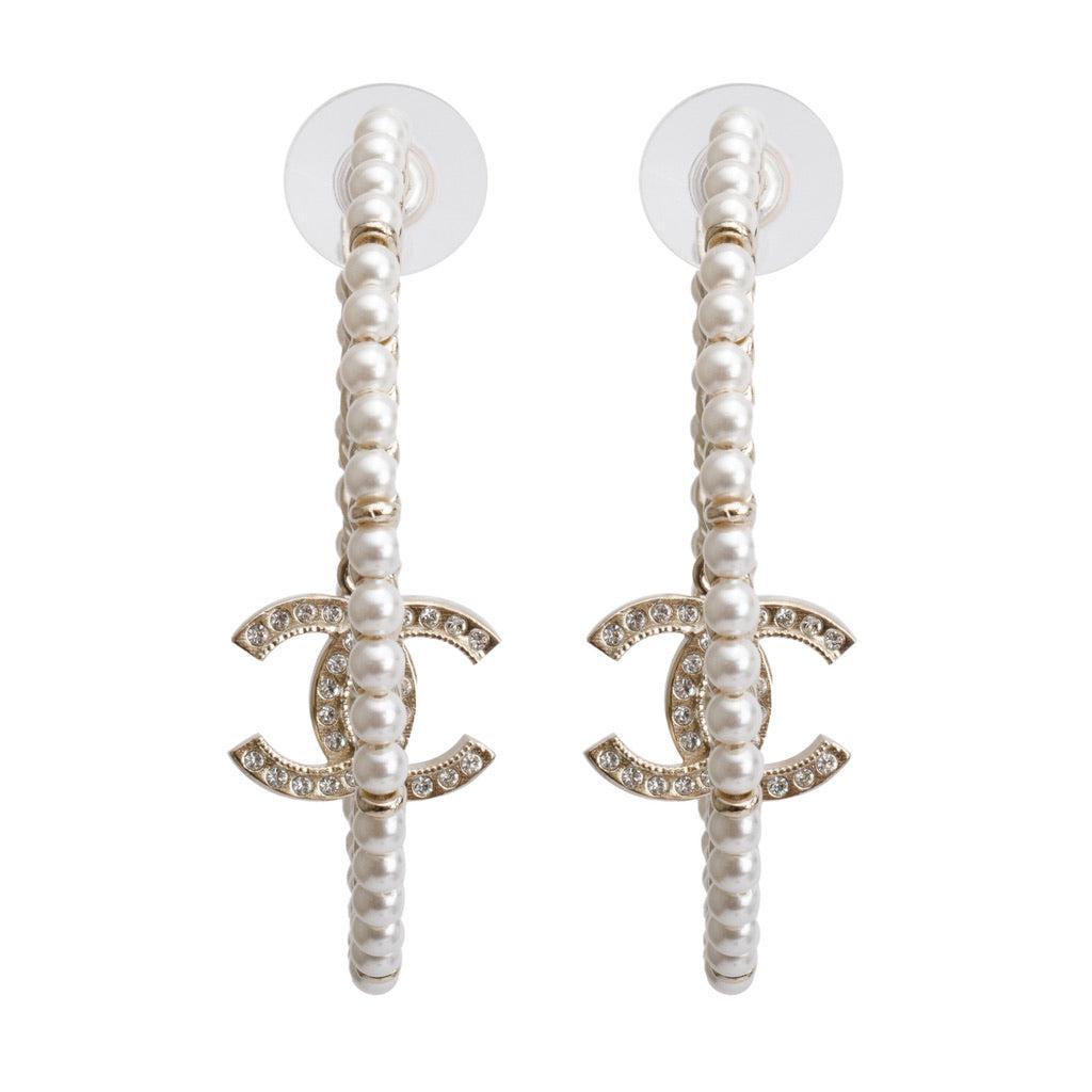 Chanel 2020 Gold Plated Faux Pearl & Strass CC Hoop Earrings w/ Box