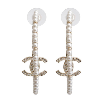 Chanel 2020 Gold Plated Faux Pearl & Strass CC Hoop Earrings w/ Box