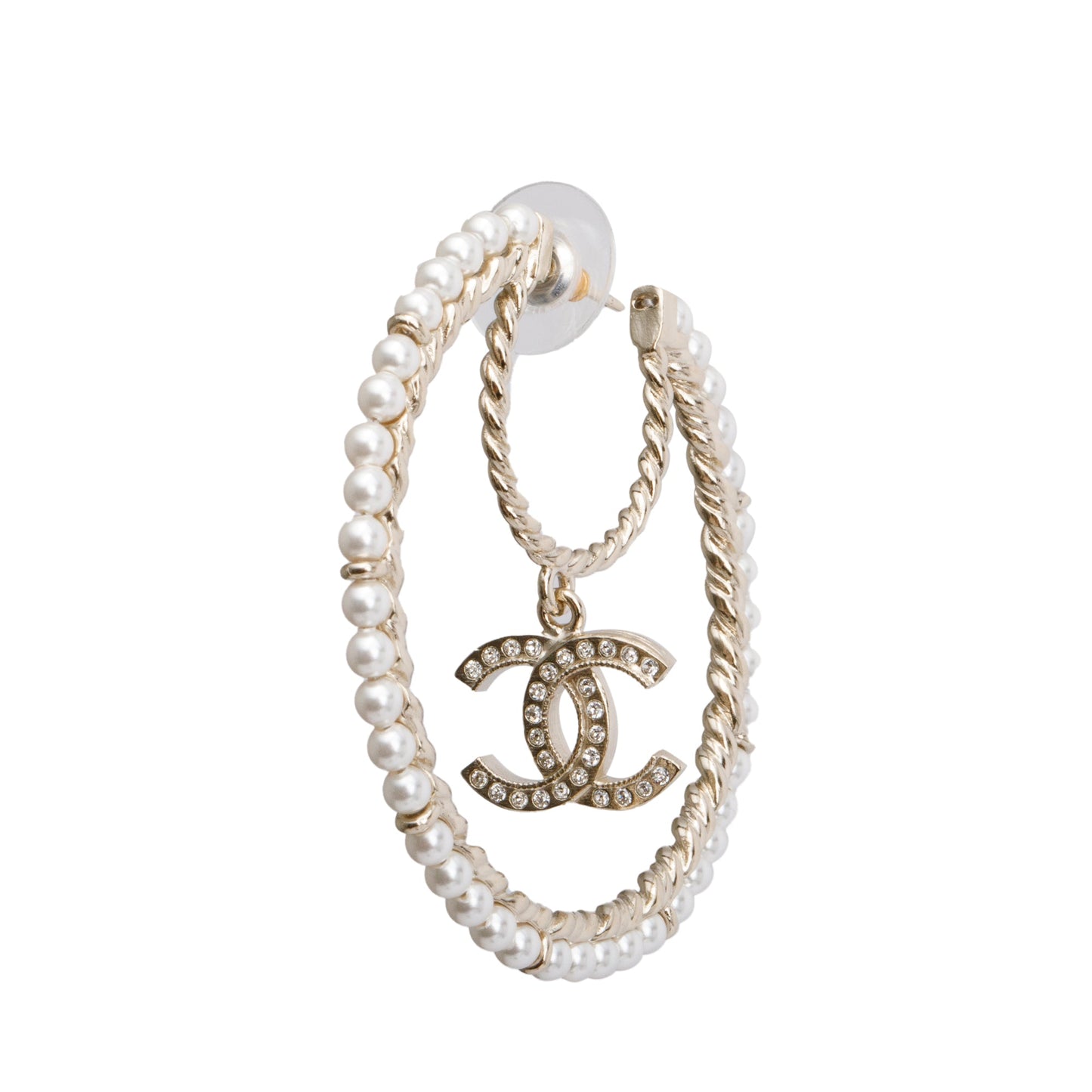 Chanel 2020 Gold Plated Faux Pearl & Strass CC Hoop Earrings w/ Box
