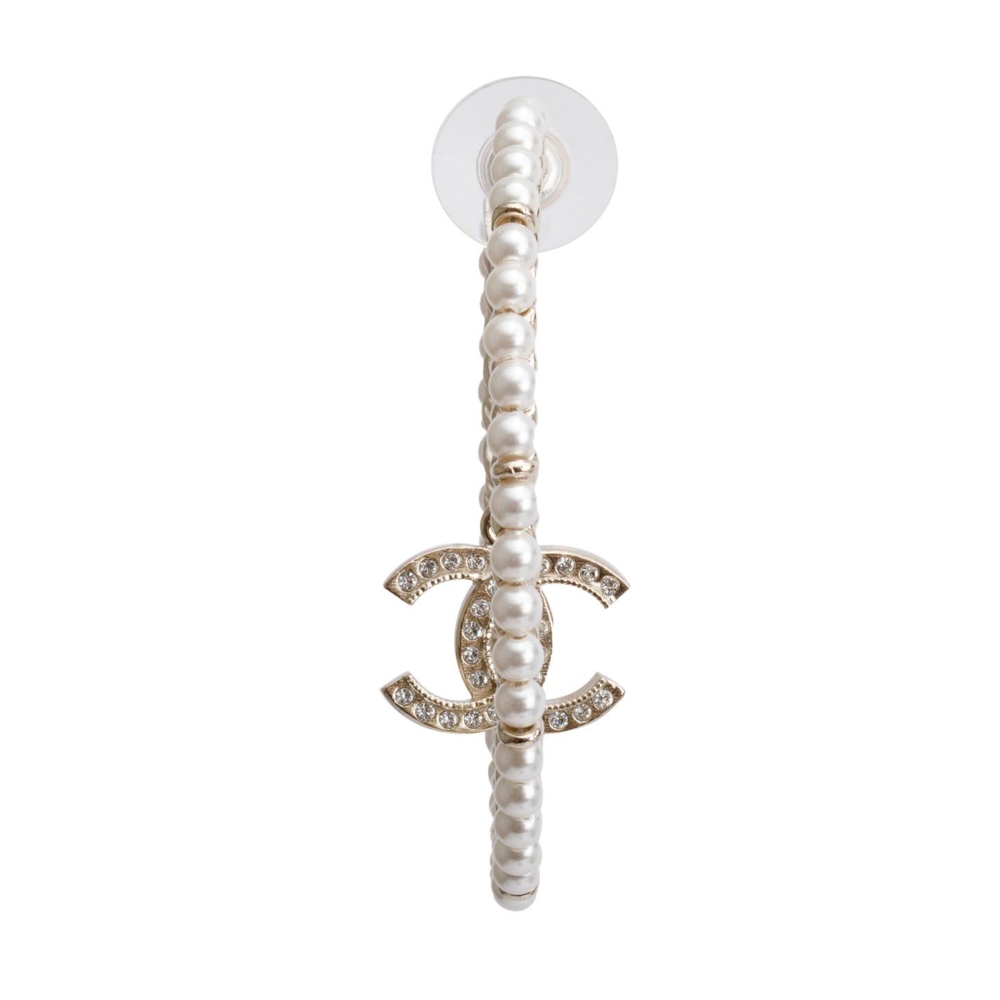 Chanel 2020 Gold Plated Faux Pearl & Strass CC Hoop Earrings w/ Box