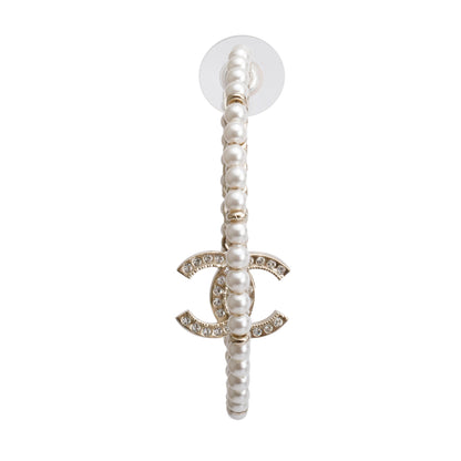 Chanel 2020 Gold Plated Faux Pearl & Strass CC Hoop Earrings w/ Box