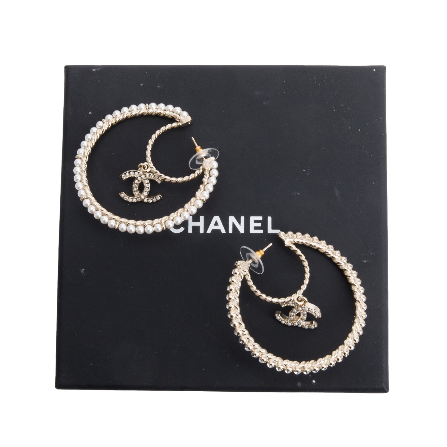 Chanel 2020 Gold Plated Faux Pearl & Strass CC Hoop Earrings w/ Box