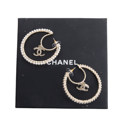 Chanel 2020 Gold Plated Faux Pearl & Strass CC Hoop Earrings w/ Box
