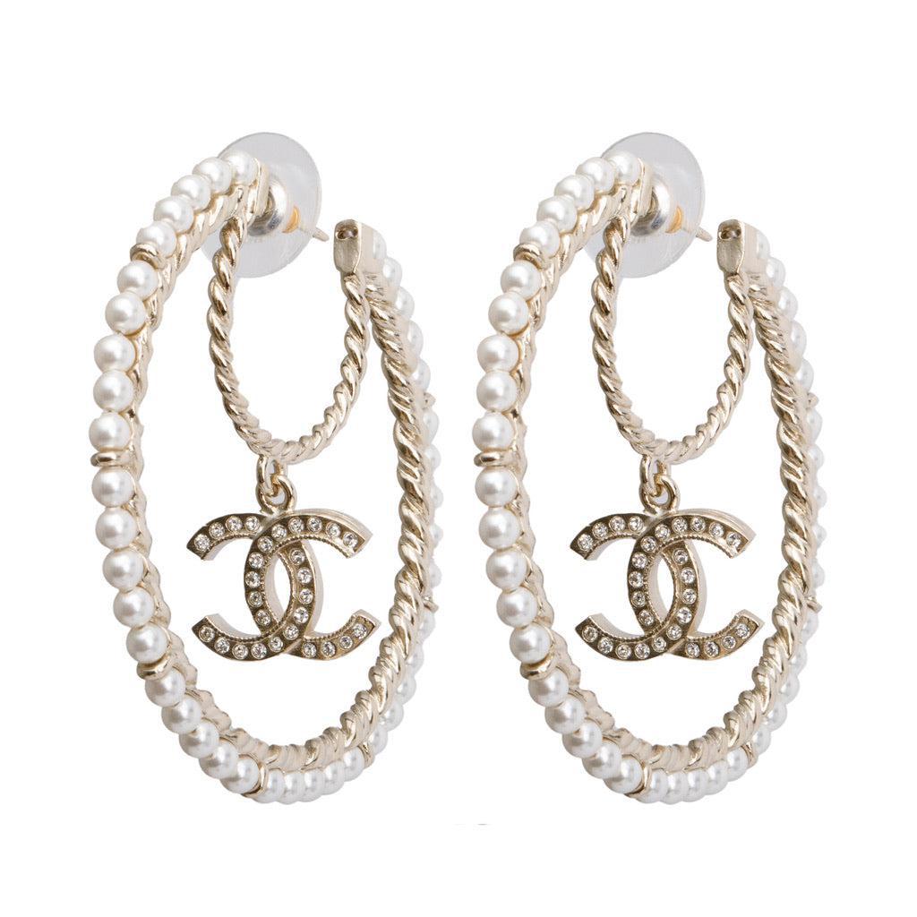 Chanel 2020 Gold Plated Faux Pearl & Strass CC Hoop Earrings w/ Box