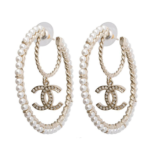 Chanel 2020 Gold Plated Faux Pearl & Strass CC Hoop Earrings w/ Box
