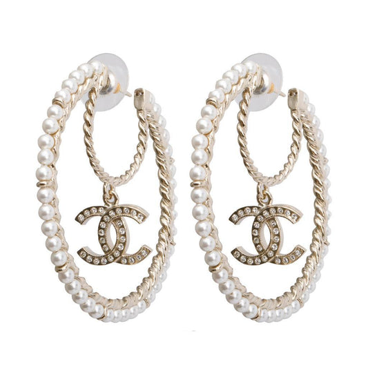 Chanel 2020 Gold Plated Faux Pearl & Strass CC Hoop Earrings w/ Box