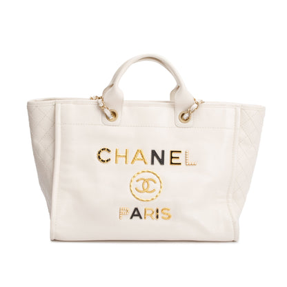 Chanel 2020 Neutral Calfskin Leather Embellised Medium Deauville Logo Charms Shopping Tote