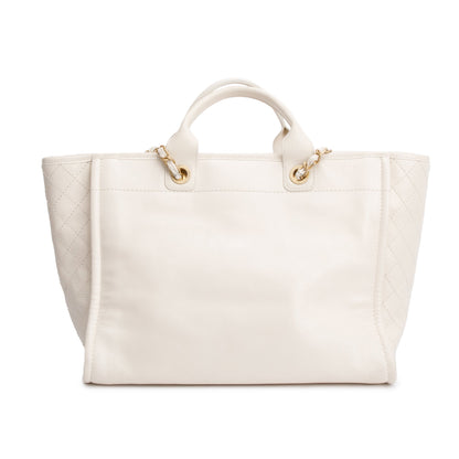 Chanel 2020 Neutral Calfskin Leather Embellised Medium Deauville Logo Charms Shopping Tote