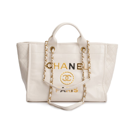 Chanel 2020 Neutral Calfskin Leather Embellised Medium Deauville Logo Charms Shopping Tote