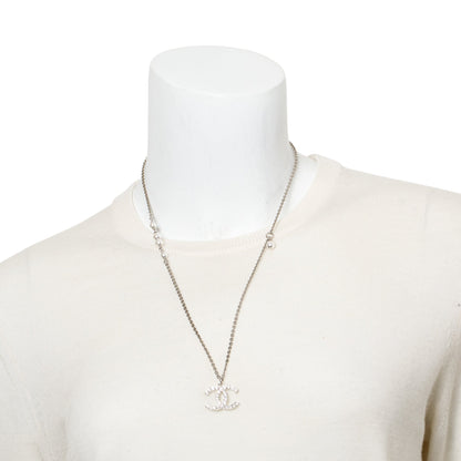 Chanel 2020 Palladium-Plated Strass & Faux Pearl CC Pendant Necklace w/ Box