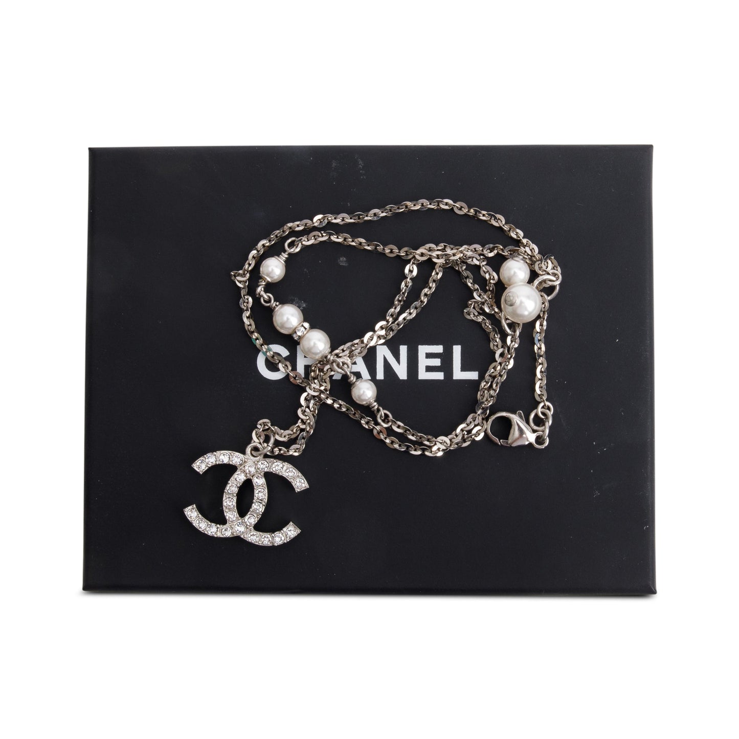 Chanel 2020 Palladium-Plated Strass & Faux Pearl CC Pendant Necklace w/ Box