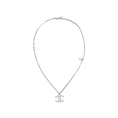 Chanel 2020 Palladium-Plated Strass & Faux Pearl CC Pendant Necklace w/ Box