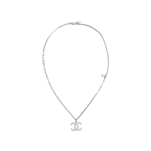 Chanel 2020 Palladium-Plated Strass & Faux Pearl CC Pendant Necklace w/ Box