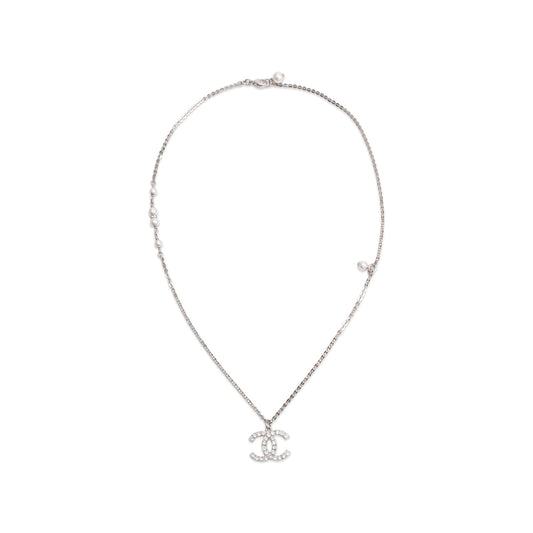 Chanel 2020 Palladium-Plated Strass & Faux Pearl CC Pendant Necklace w/ Box