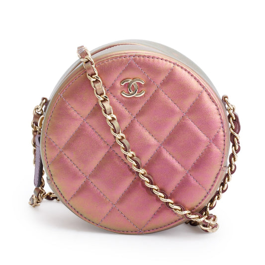 Chanel 2020 Purple Iridescent Calfskin Leather Round CC Chain Crossbody Bag w/ Authenticity Card
