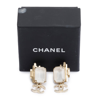 Chanel 2021 Gold Plated Faux Pearl Strass CC Drop Earrings w/ Box